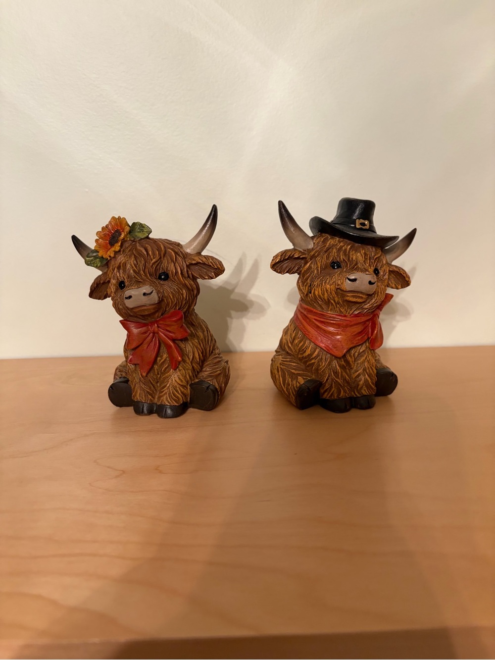 Hobby Lobby Brown Highland Cow Figurine Duo with Red/orange Scarves approx 4 1/2